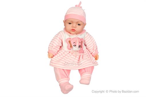 اسباب-بازی-عروسک نوزاد موزیکال لباس صورتی سفید راه راه